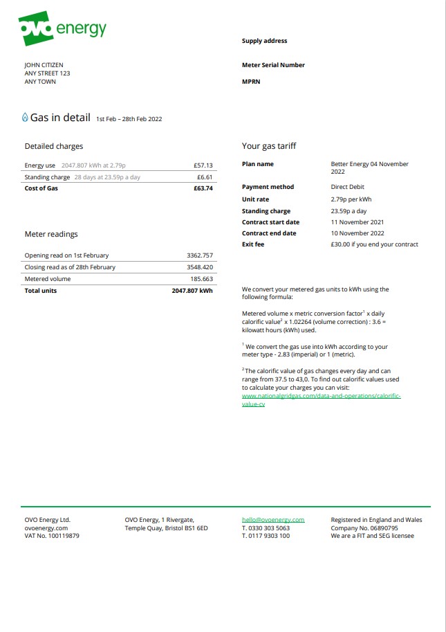United Kingdom Ovo Energy utility bill, Word and PDF template